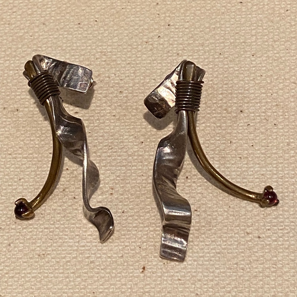 Vintage Sterling Silver and brass with amber bead earrings